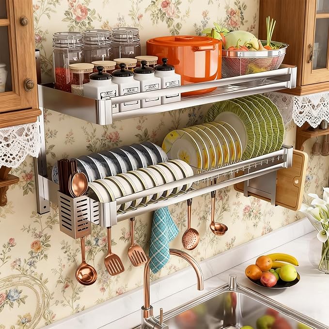 304 Stainless Steel Wall Mounted Dish Drying Rack, Hanging Kitchen Dish Rack With Drainboard Chopsticks Cage & Knife Holder, 2-Tier Space-Saving Wall Mount Utensils Shelf Organizer (31.5x11.8x19.7in)