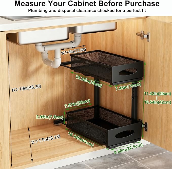 Under Sink Organizer, Pull Out Cabinet Organizer, Black | Rustproof Carbon Steel, 2 Tier Mesh Sliding Drawers, 5-Level Height Adjustable to Bypass Pipes, for Kitchen Bathroom Laundry