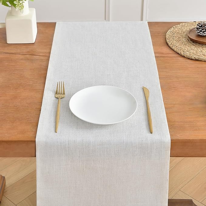 Wracra Linen Style Table Runner, Rustic Farmhouse Off White Table Runners 60 Inches Long, Handcrafted Table Runner for Fall, Winter - Everyday Use and Machine Washable