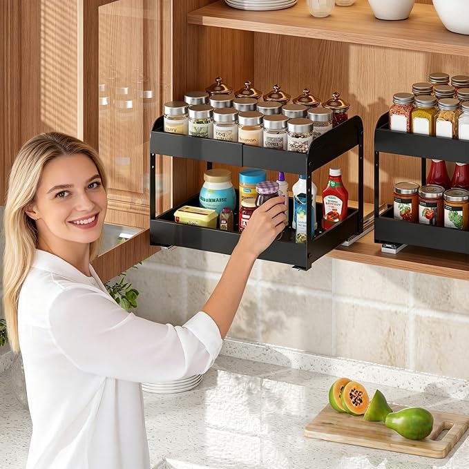 Across-Star Expandable Pull Out Drawers For Shallow Cabinets, 2-Tier Slide Out No Drill Adhesive Kitchen Cabinet Organzier, Adjustable Roll Out Sliding Shelf For Short Upper Cabinet Pantry