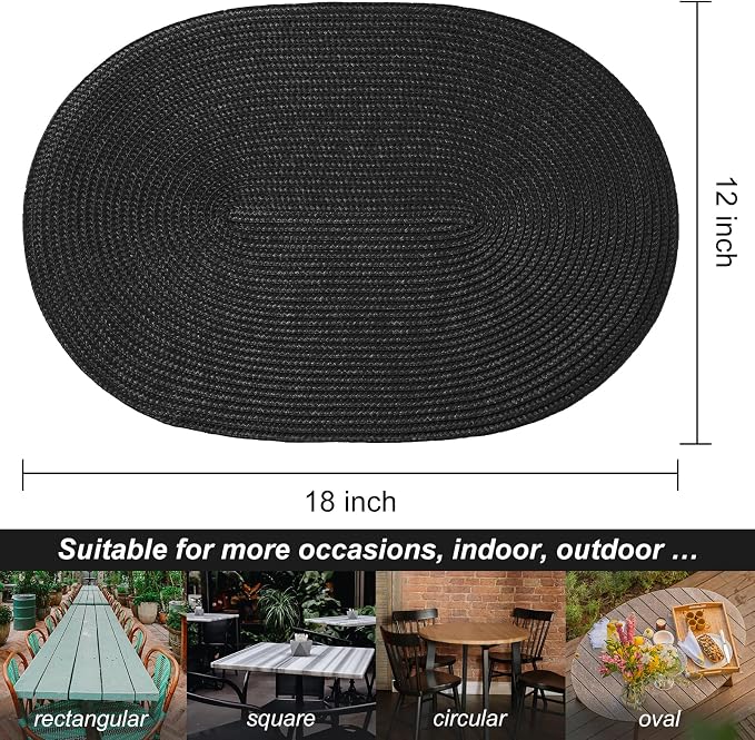 AHHFSMEI Placemats Set of 6 for Dining Table Washable Woven Non-Slip 18x12 inches Placemat Heat-Resistant Durable Table Mats for Dining Table Easy to Clean (Oval Black, 6)