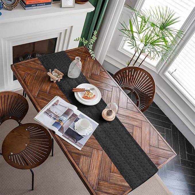 Macrame Table Runner Pure Black Boho Table Runners with Tassels Hand Woven Cotton Table Runner Rustic Farmhouse Table Runners for Bohemian Kitchen Dining Table(12x71in)