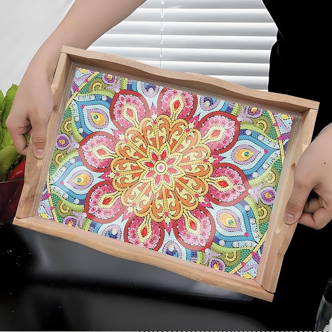 Generic 2Pcs DIY Diamond Serving Tray Rectangular Upgrade Increase Breakfast Tray with Handles Handmade Diamond Art Painting Wooden Tray Dinner Plate for Coffee Living Room Home Organizer-01
