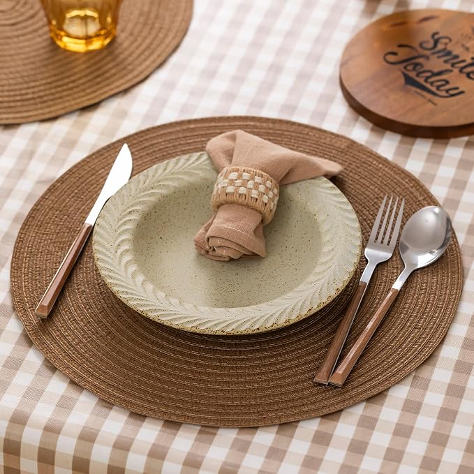 Round Placemats Set of 6 Woven Placemats Washable Braided Table Mats for Dining Table Heat Resistant Non-Slip Circle Place Mats(Brown)