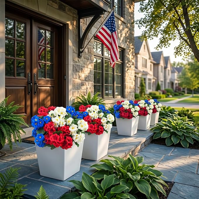 Hananona 12 Pcs Artificial Geranium Flowers for Outdoors Geranium Silk Red White Blue Flowers Outdoor UV Resistant Plants Faux Patriotic Flowers for 4th of July Home Decor (12, RedWhiteBlue)