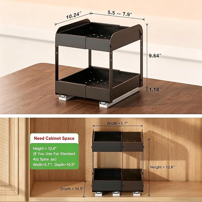 Across-Star Expandable Pull Out Spice Rack For Cabinet, 2-Tier No Drill Slide Out Drawers For Kitchen Cabinet with Adjustable Height, Metal Pullout Spice Holder Seasoning Shelf Inside Cabinet