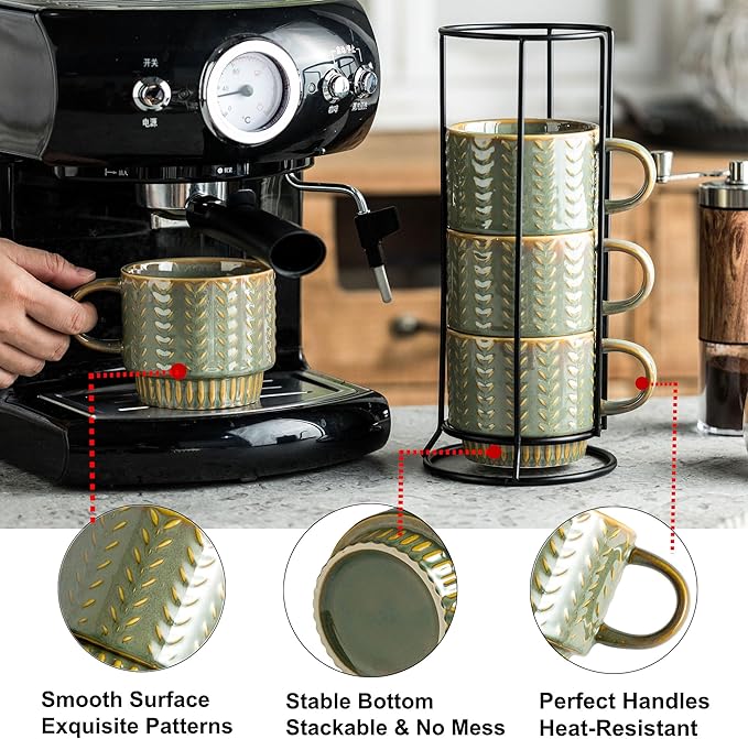 Miamolo Coffee Mugs Set of 4 with Spoons & Rack, Stackable Espresso Cups 13oz Coffee Mug for Drinks Latte Cappuccino Tea, Turkish Coffee Cup for Housewarming Wedding Gift, Dishwasher Safe