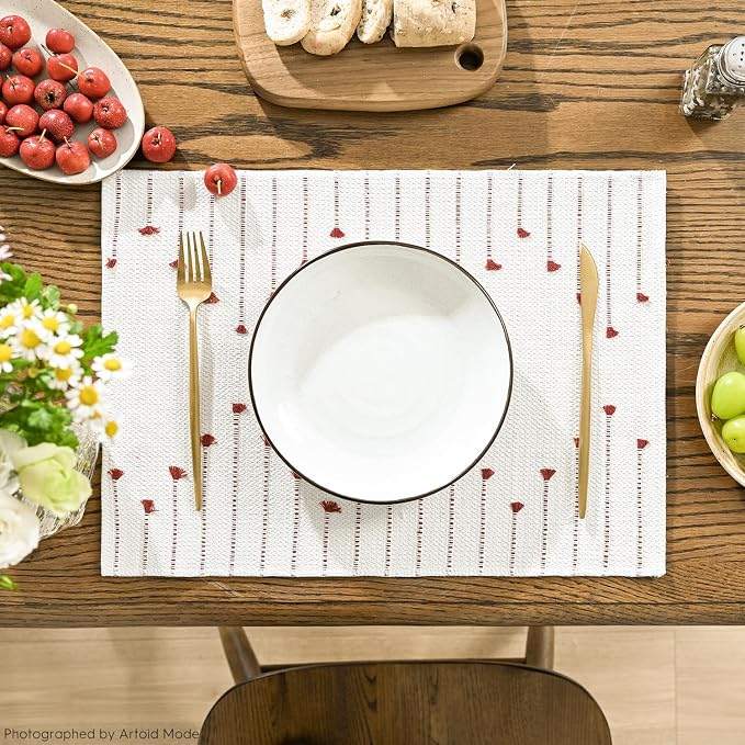 Artoid Mode Red Farmhouse Woven Rustic Placemats Set of 4,12x18 Seasonal Holiday Macrame Burlap Kitchen Dining Table Decoration for Home Party Decor