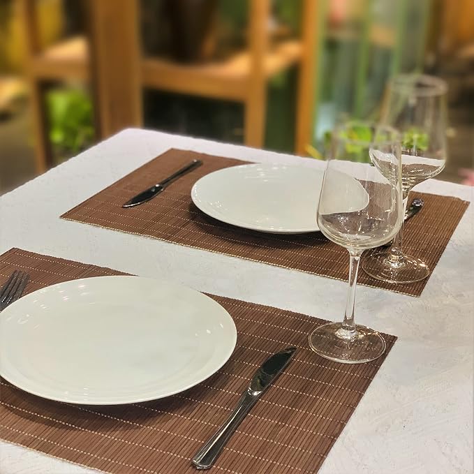 Set of 12 Pcs Bamboo Placemats Natural Anti-Slip Bamboo Placemats Washable Heat-Resistant Table Mats for Dining Room and Kitchen(Chocolate)