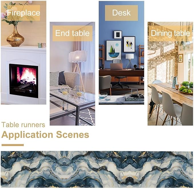 Marble Table Runner, Abstract Gold and Blue Black Modern Luxury Texture Pattern Printed Linen Table Runners for Kitchen Living Room Farmhouse Dining Room Party Home Decor 13" W x 72" L