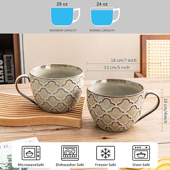 Ceramic Extra Large Coffee Mugs with Handles, 24 oz Coffee Cups, Large Soup Mugs for Cappuccino, Ramen, Oatmeal, Soup Mugs with Handles, Dishwasher and Microwave Safe(Reactive Glaze Grey)