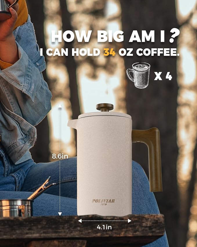 POLIVIAR French Press Coffee Maker, 34 oz | Real Wood Handle Coffee Press, Double Wall Insulation, Dual-Filter Screen, Food Grade Stainless Steel, For Coffee and Tea