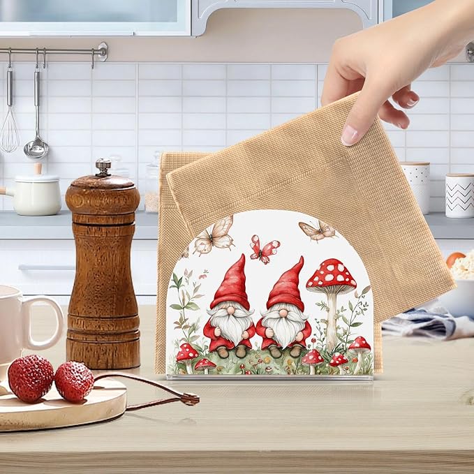 Fustylead Cute Red Gnomes with Mushroom Butterflies Napkin Holder for Table Acrylic Cocktail Napkin Holders Small Decorative Napkin Dispenser for Home Party Holiday Dining Kitchen Accessories