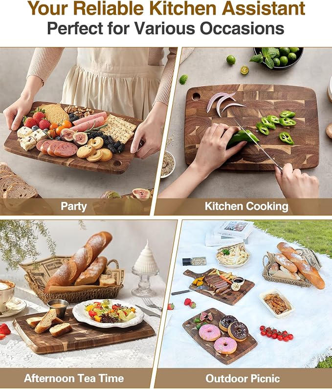 XINZUO Small Acacia Wood End-Grain Kitchen Cutting and Serving Board, for Kitchen, 14" x 9" Reversible Wooden Chopping Board for Meat, Cheese, Fruit & Vegetables,Easy to Clean(Rectangular)