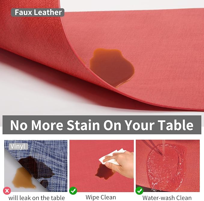 Maxpearl Red Placemats Set of 6, Faux Leather Dining Table Mats -Waterproof - Wipe Clean - Heat Resistant - Anti Slip, Suitable for Indoor & Outdoor Use, 17''×12''