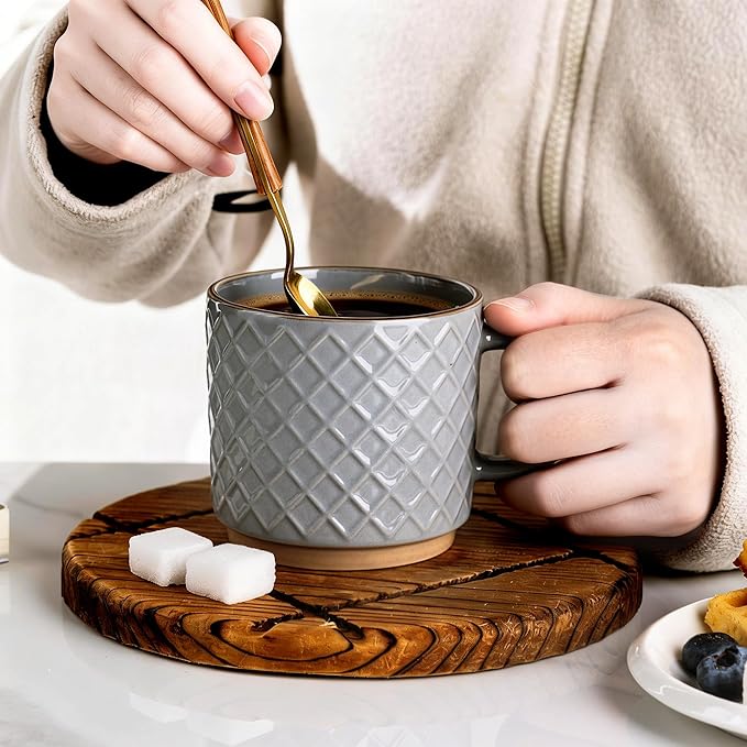GBhome 8OZ Stackable Coffee Mugs Set of 4, Ceramic Coffee Mugs with Texture Patterns for Man,Woman,Dad,Mom, Modern Coffee Cups for Latte/Cappuccino/Cocoa. Dishwasher&Microwave Safe, Gray