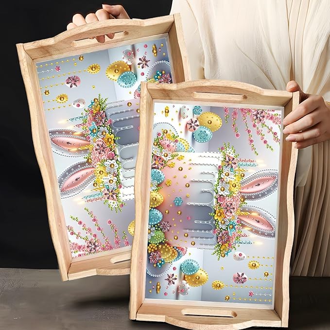 BAYUNOE DIY Diamond Serving Tray Rectangular Breakfast Tray with Handle Handmade Diamond Art Painting Wooden Tray Spring Creative Dinner Plate Coffee Room Living Home Organizer-Easter Cake