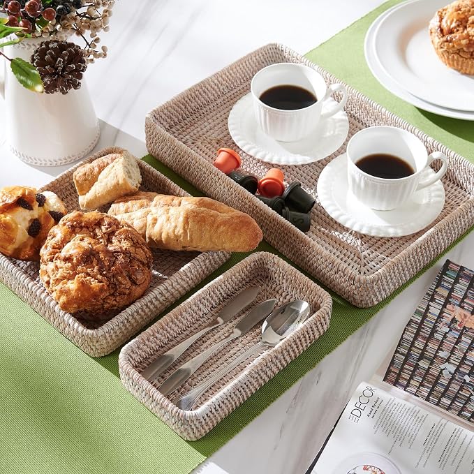 Rattan Serving Tray, Rectangular Woven Tray, Natural Wicker Decorative Serving Baskets for Organizing Tabletop Bathroom Kitchen Counter (White)