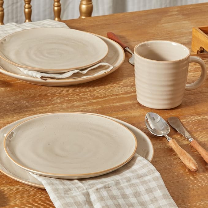 Bico Ceramic Coffee Mugs Set of 4, 17 oz Stoneware Coffee Cups with Handle and Ribbed Texture, Lead-Free Microwave and Dishwasher Safe, Warm Earthy Mug Set for Tea, Latte, Hot Chocolate (Light Beige)