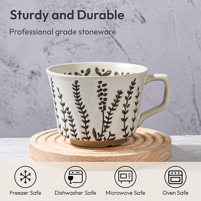 Ceramic Coffee Mug, 11 oz Small Novelty Unique Teacup with Handle, Stoneware Cup for Tea Mocha Latte Cappuccino (Set of 4, Plants)