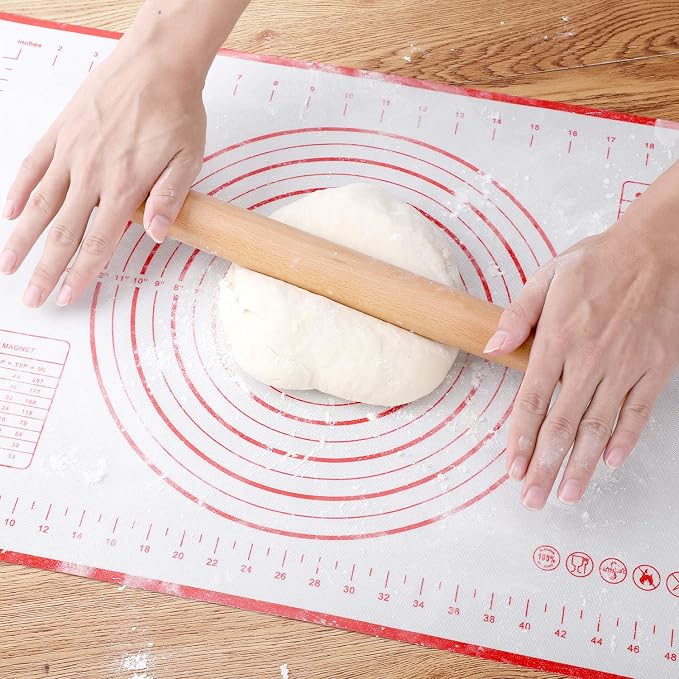 Wood French Rolling Pin for Baking, QUELLANCE Wooden Dough Roller with Silicone Baking Mat, Beech Wood Rolling Pins for Baking Dough, Pizza, Pie, Pastries, Pasta and Cookies,Red Pastry Mat