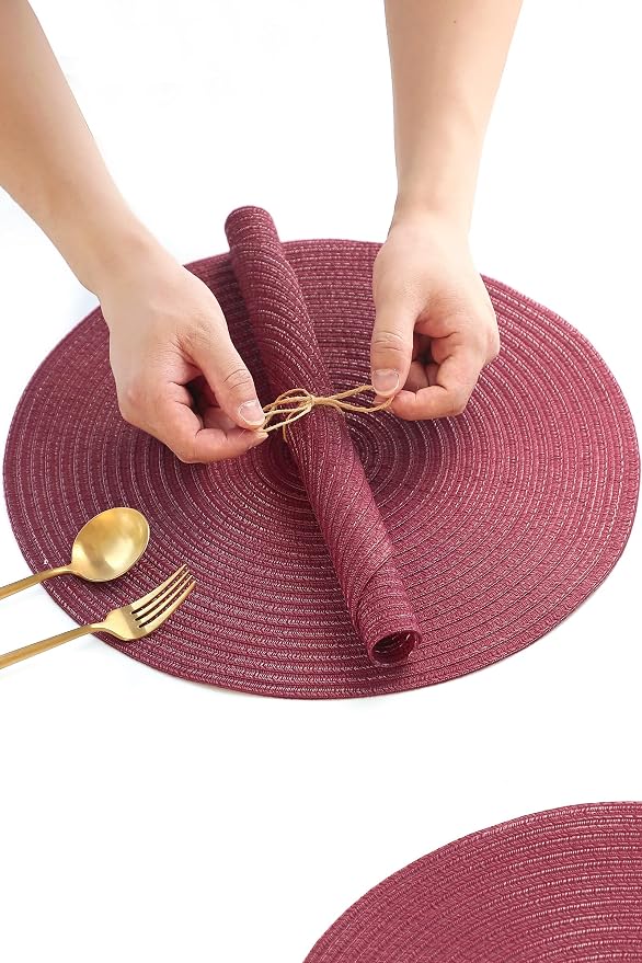 Floroom 15 Inch Round Braided Placemats Set of 4, Washable Heat Resistant Cotton Polyester Circle Place Mats for Kitchen Dining Table - Burgundy