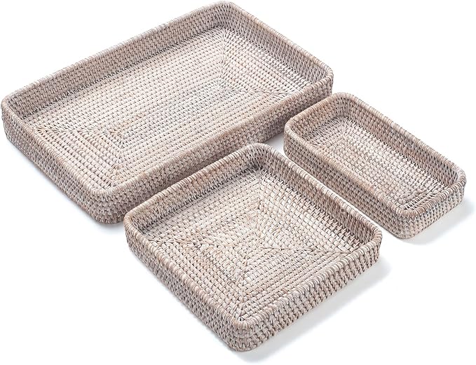 Rattan Serving Tray, Rectangular Woven Tray, Natural Wicker Decorative Serving Baskets for Organizing Tabletop Bathroom Kitchen Counter (White)