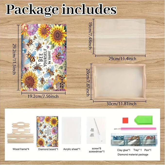 BAYUNOE DIY Diamond Serving Tray Rectangular Breakfast Tray with Handle Handmade Diamond Art Painting Wooden Tray Spring Creative Dinner Plate Coffee Room Living Home Organizer-Sunflower Bee