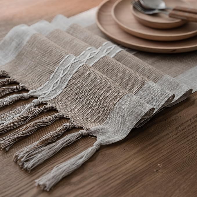 Niviy Farmhouse Table Runner, Embroidered Striped Braided Coffee Boho Table Runner, Cotton Linen Farmhouse Table Decoration for Holiday Party 12 x 120 Inches