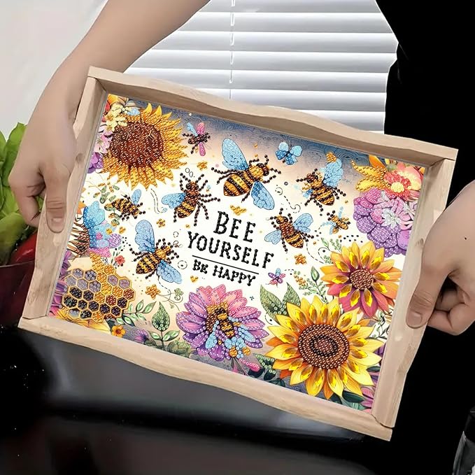 BAYUNOE DIY Diamond Serving Tray Rectangular Breakfast Tray with Handle Handmade Diamond Art Painting Wooden Tray Spring Creative Dinner Plate Coffee Room Living Home Organizer-Sunflower Bee