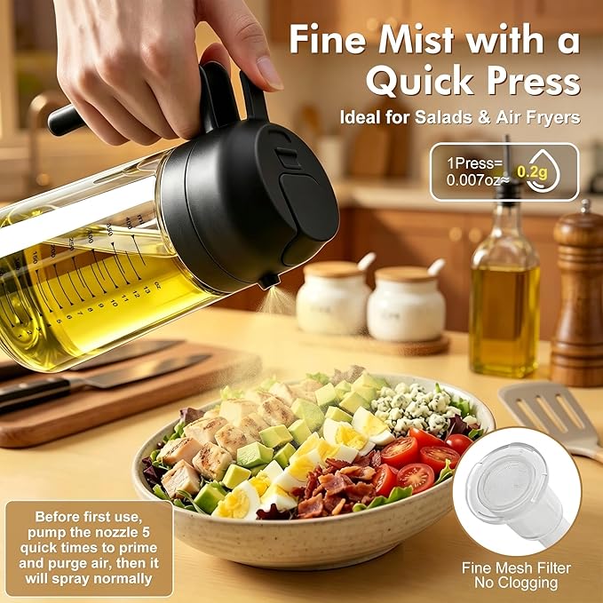 Poshetion 2 in 1 Olive Oil Sprayer for Cooking, 16oz Oil Dispenser for Kitchen, Leak-Proof Oil Spray Bottle for Air Fryer, Salad, BBQ, Baking, Grilling - Black & Black
