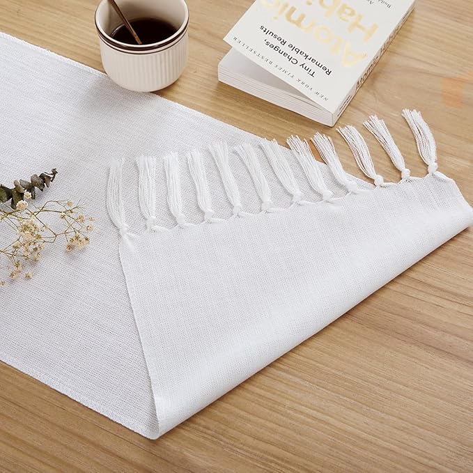 Linen Style Rustic Table Runner, Farmhouse Cotton Linen Table Runner, Boho Table Runners 108 Inches Long with Hand Tassels for Home Tabletop Decor and Everyday Use - White, 108 Inch