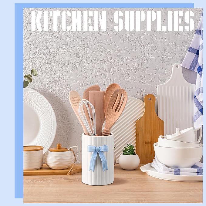 LemonRoad Blue Bow Ceramic Utensil Holder 3D Coquette Handmade Pink Kitchen Decor Gifts Cooking Utensil Crock with Scalloped Preppy Caddy Pen Holder Vase Graduation Gift for College Students