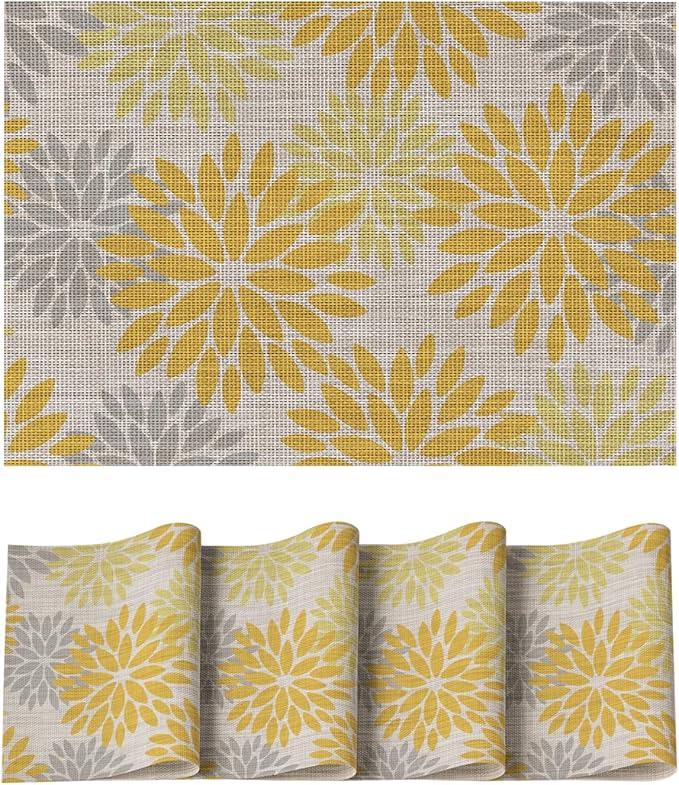 Artoid Mode Floral Plastic Placemats Set of 4, 12x18 Inch Washable Non-Slip Plastic Vinyl Place Mats for Party Kitchen Dining Decor, Yellow