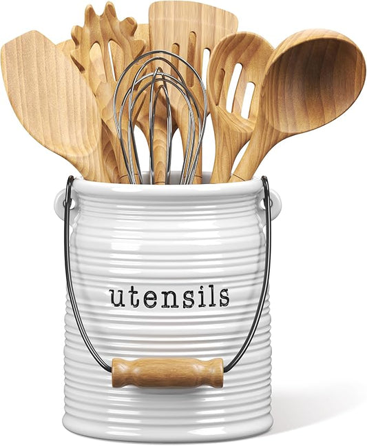 Barnyard Designs Ceramic Farmhouse Kitchen Utensil Holder for Countertop, Decorative Kitchen Utensil Crock for Counter, Spatula Holder, 6" White