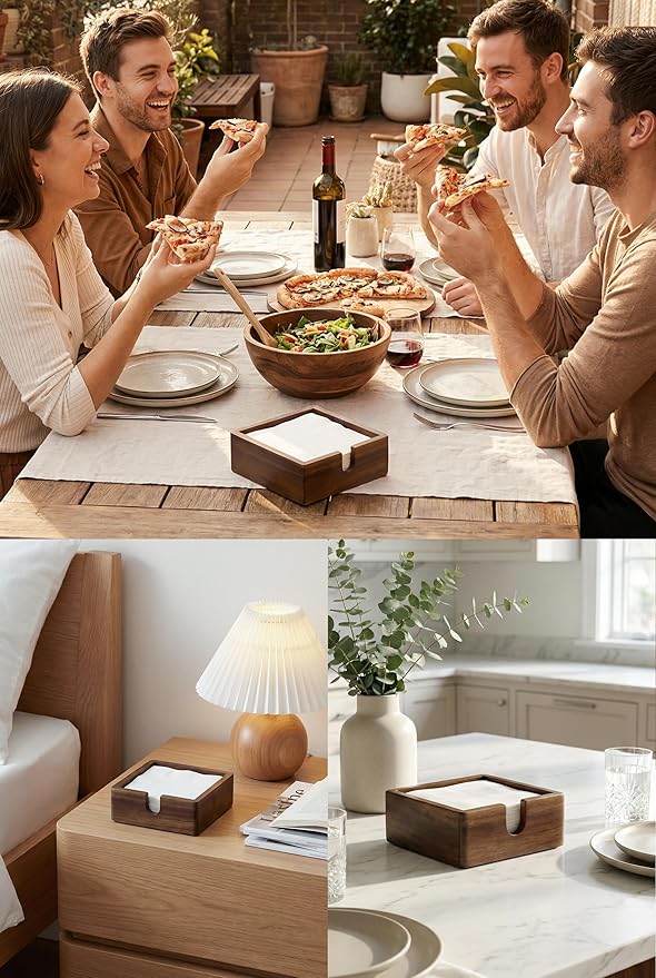 Acacia Cocktail Paper Napkin Holder Square 5.4x5.4 inches, Wood Flat Napkin Tray, Cocktail Napkin Caddy For Kitchen Décor, Restaurant Countertop Bar Accessories