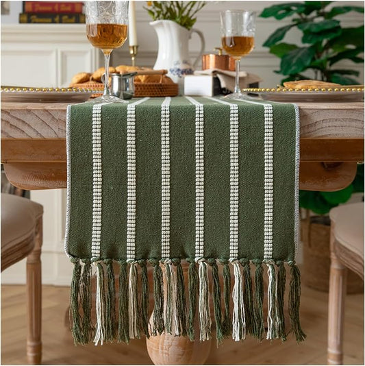 Caflife Boho Table Runner 72 Inchs Long Green, Cotton and Linen Woven with Tassels, for Modern Rustic Farmhouse Neutral Table Runners, Bohemian Kitchen Dining Table Home Decor