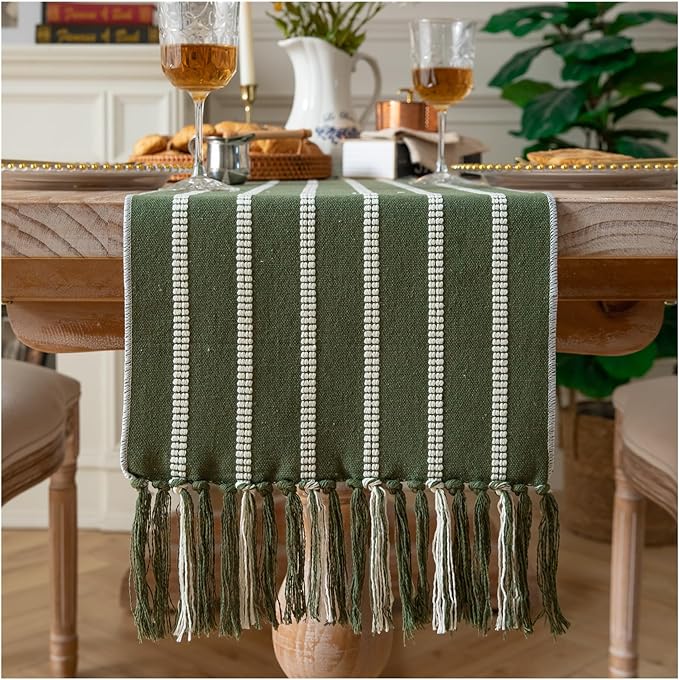 Caflife Boho Table Runner 90 Inchs Long Green, Cotton and Linen Woven with Tassels, for Modern Rustic Farmhouse Neutral Table Runners, Bohemian Kitchen Dining Table Home Decor