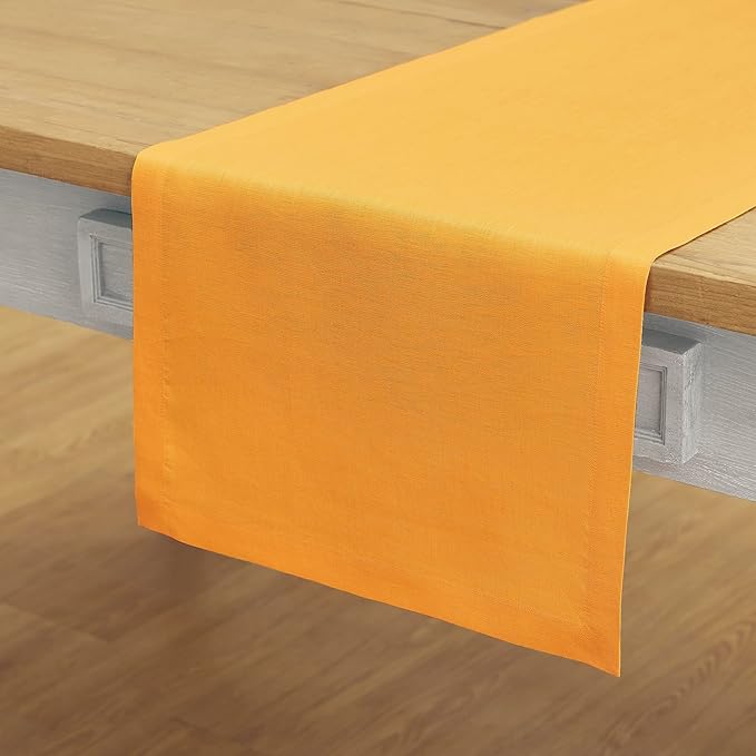 Solino Home Linen Table Runner 48 Inches - 100% Pure Linen Tangerine Yellow Table Runner 14 x 48 Inch Ideal for Dresser and Coffee Tables, Spring, Summer - Fete