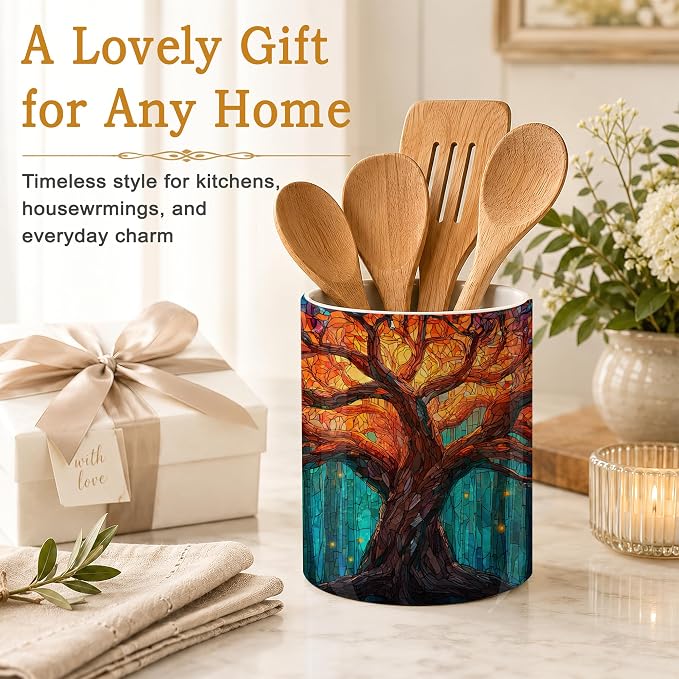 Tree of Life Kitchen Utensil Holder,Shining Brightly Large Ceramic Utensil Crock for Countertop,Cooking Utensil Organizer for Spatulas,Spoons