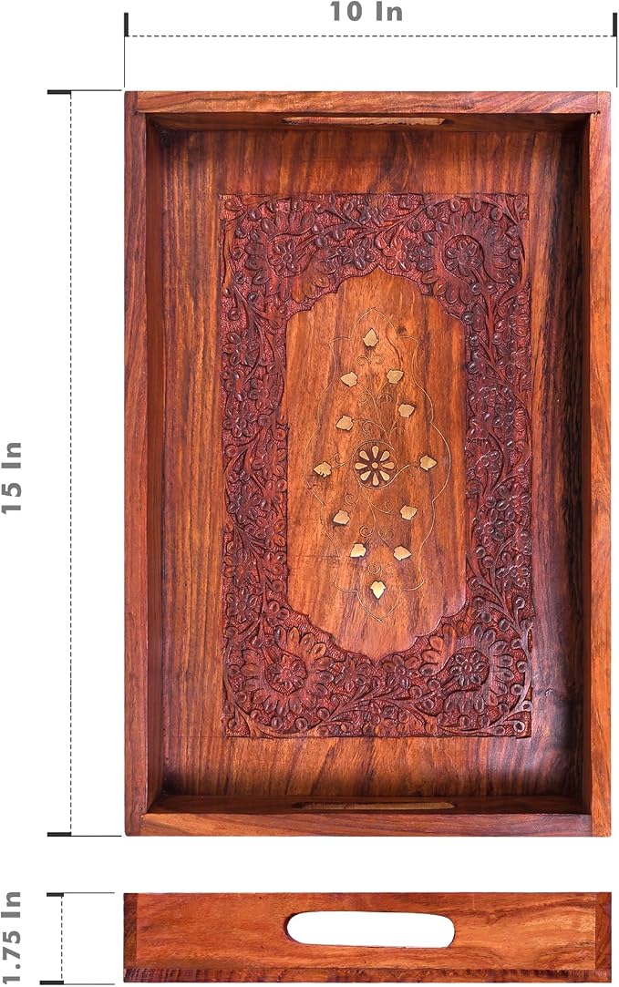 15-Inch Acacia Wood Serving Tray with Handles – Large Rectangular Wooden Ottoman Tray for Breakfast in Bed, Dinner & Coffee Table - Decorative Serving Platter