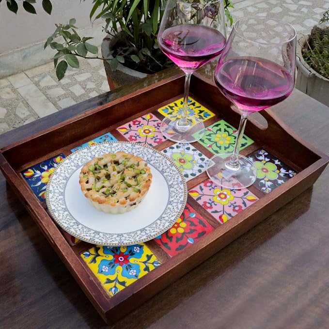 Craft Trade Handcrafted Mango Wood Serving Tray with 12 Floral Ceramic Tiles, Large Rectangular Wooden Platter with Handles for Breakfast & Coffee, 38x30x8 cm