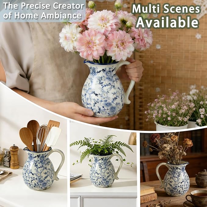 Ceramic Utensil Holder for Kitchen Counter, 6.1 Inch Modern Farmhouse Rustic Cooking Utensil Holder for Countertop Home Decor, Vintage Utensil Organizer Crock for Cooking & Spoon Tools (Blue & White)