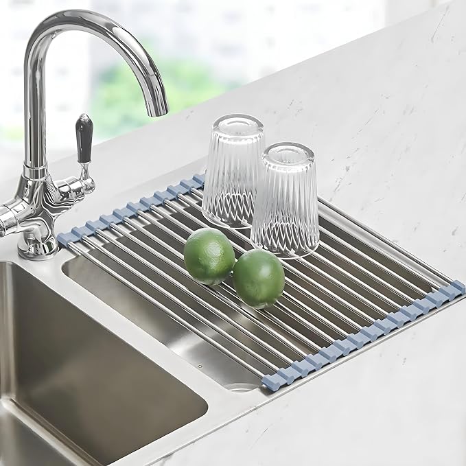 Roll up Dish Drying Rack Over The Sink Kitchen Roll up Sink Drying Rack Portable Dish Drainer Foldable Dish Drying Rack (Grey, (37 * 30) CM)