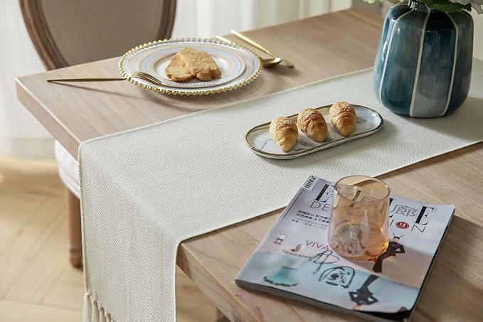 ZeeMart Cream Table Runners 60 Inches Long, Burlap Linen Style Rustic Farmhouse Table Runner, Boho Woven Dining Table Runner, 13x60 Inches, Cream