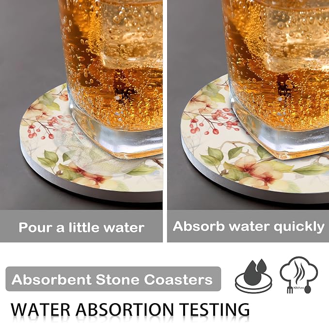 6 Pcs Drink Coasters with Holder,Vintage Watercolor Bird Flower Absorbent Round Ceramic Coaster for Tabletop Protection,for Coffee Cup Beverage Coasters Wine Beer Bar