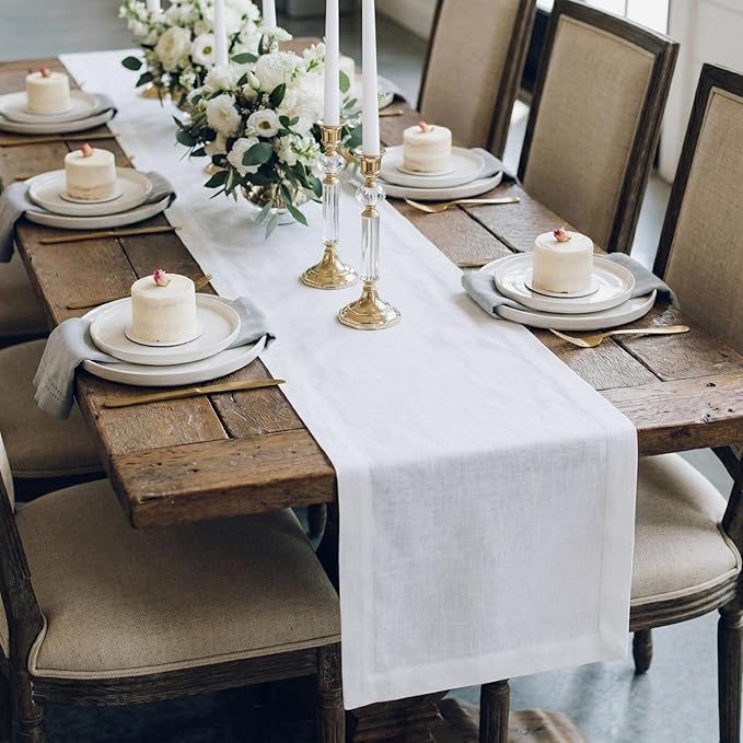 Solino Home Linen White Table Runner 60 Inches - 100% Pure Linen Small Table Runner 14 x 60 Inch Ideal for Dresser and Coffee Tables - Spring, Summer, 4th of July - Diana Medium Weight