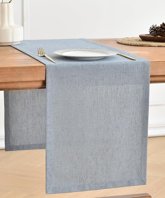 Wracra Linen Style Table Runner, Rustic Farmhouse Chambray Dusty Blue Table Runners 36 Inches Long, Handcrafted Table Runner for Fall, Winter - Everyday Use and Machine Washable