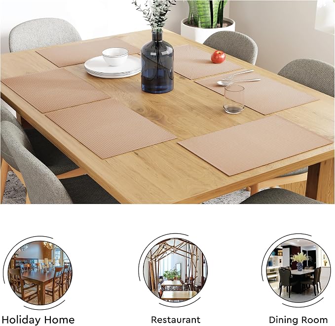 Encasa XO Dining Placemat Set of 6 | Solid Beige Color | Fine Ribbed Cotton Table mat | Size 19x13 in | Machine Washable