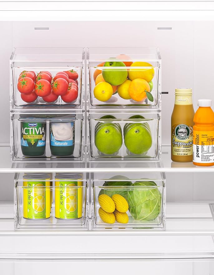 6 Pack Stackable Storage Drawers,Clear Fridge Organizer with Handles and Movable Dividers,Pull-Out Acrylic Drawer Organizer for Pantry, Bathroom,Kitchen Undersink,Cabinet